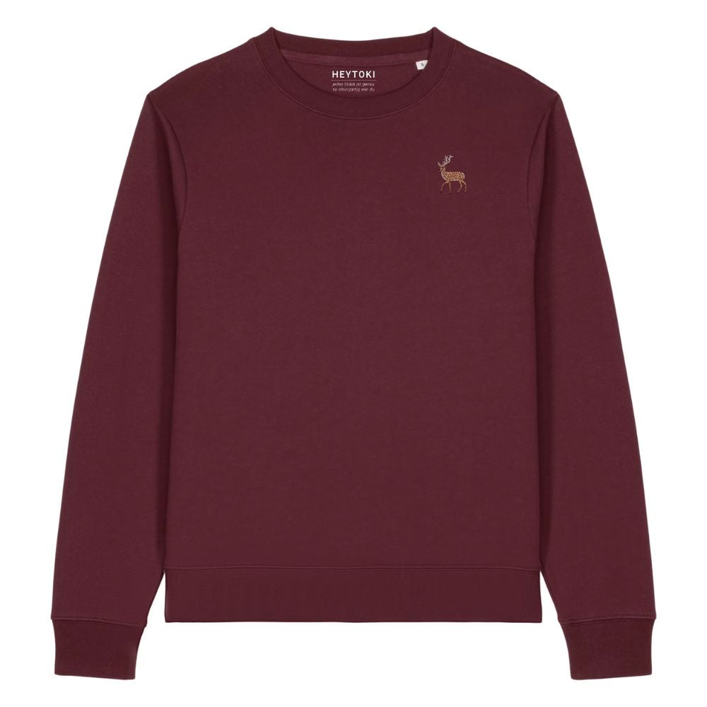 Hirsch Damen Sweater aus Bio-Baumwolle in Burgundy mit gesticktem Eckhard, Vorderansicht