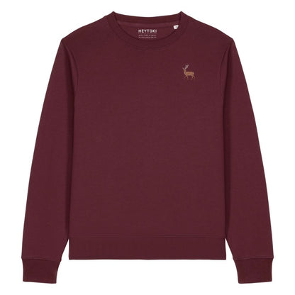 Hirsch Damen Sweater aus Bio-Baumwolle in Burgundy mit gesticktem Eckhard, Vorderansicht