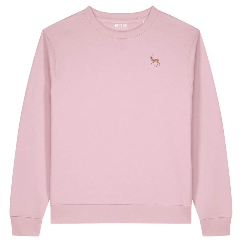 Hirsch Damen Sweater aus Bio-Baumwolle in Cotton Pink mit gesticktem Eckhard, Vorderansicht