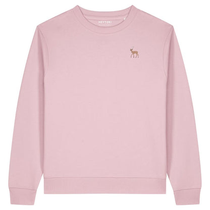 Hirsch Damen Sweater aus Bio-Baumwolle in Cotton Pink mit gesticktem Eckhard, Vorderansicht