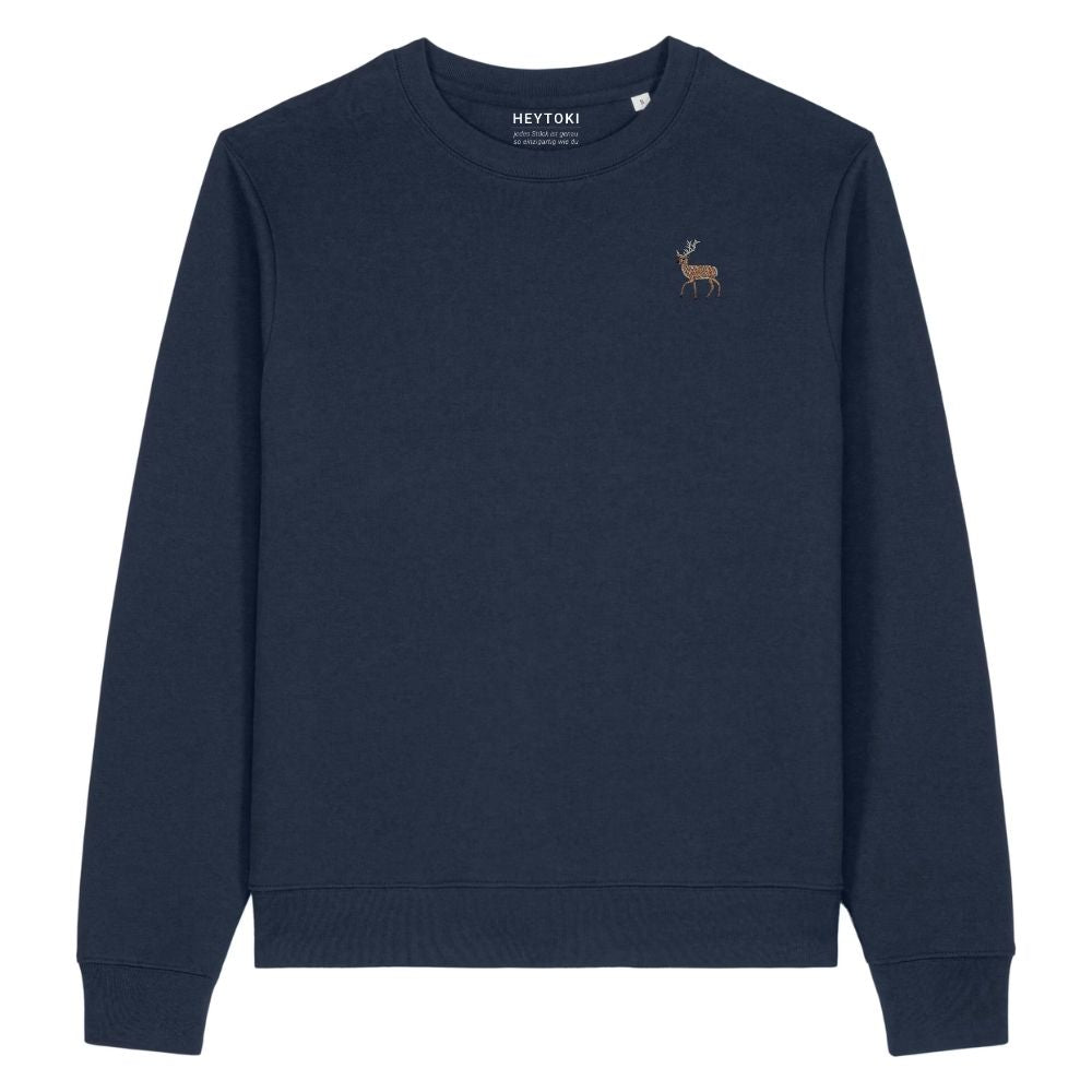 Hirsch Damen Sweater aus Bio-Baumwolle in French Navy mit gesticktem Eckhard, Vorderansicht