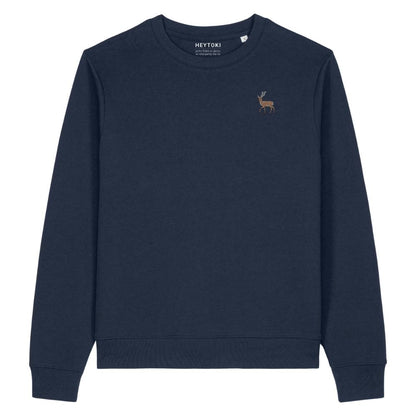 Hirsch Damen Sweater aus Bio-Baumwolle in French Navy mit gesticktem Eckhard, Vorderansicht
