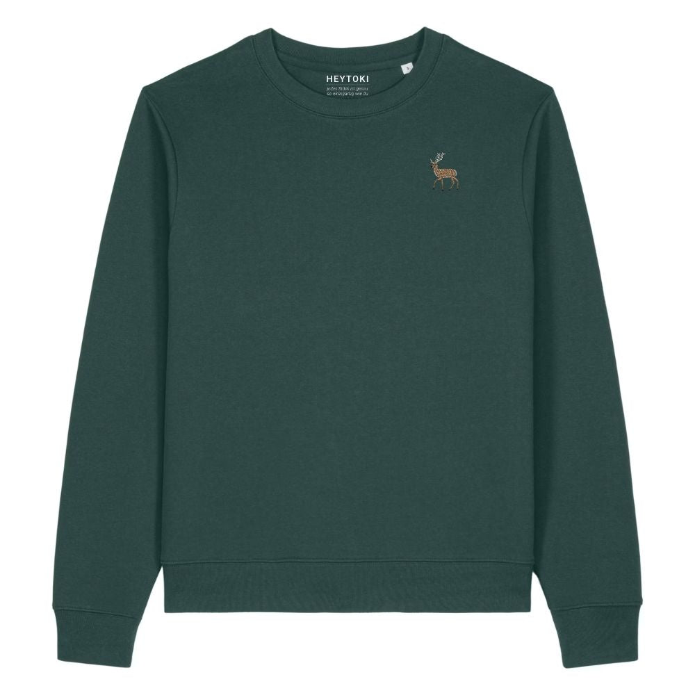 Hirsch Damen Sweater aus Bio-Baumwolle in Glazed Green mit gesticktem Eckhard, Vorderansicht