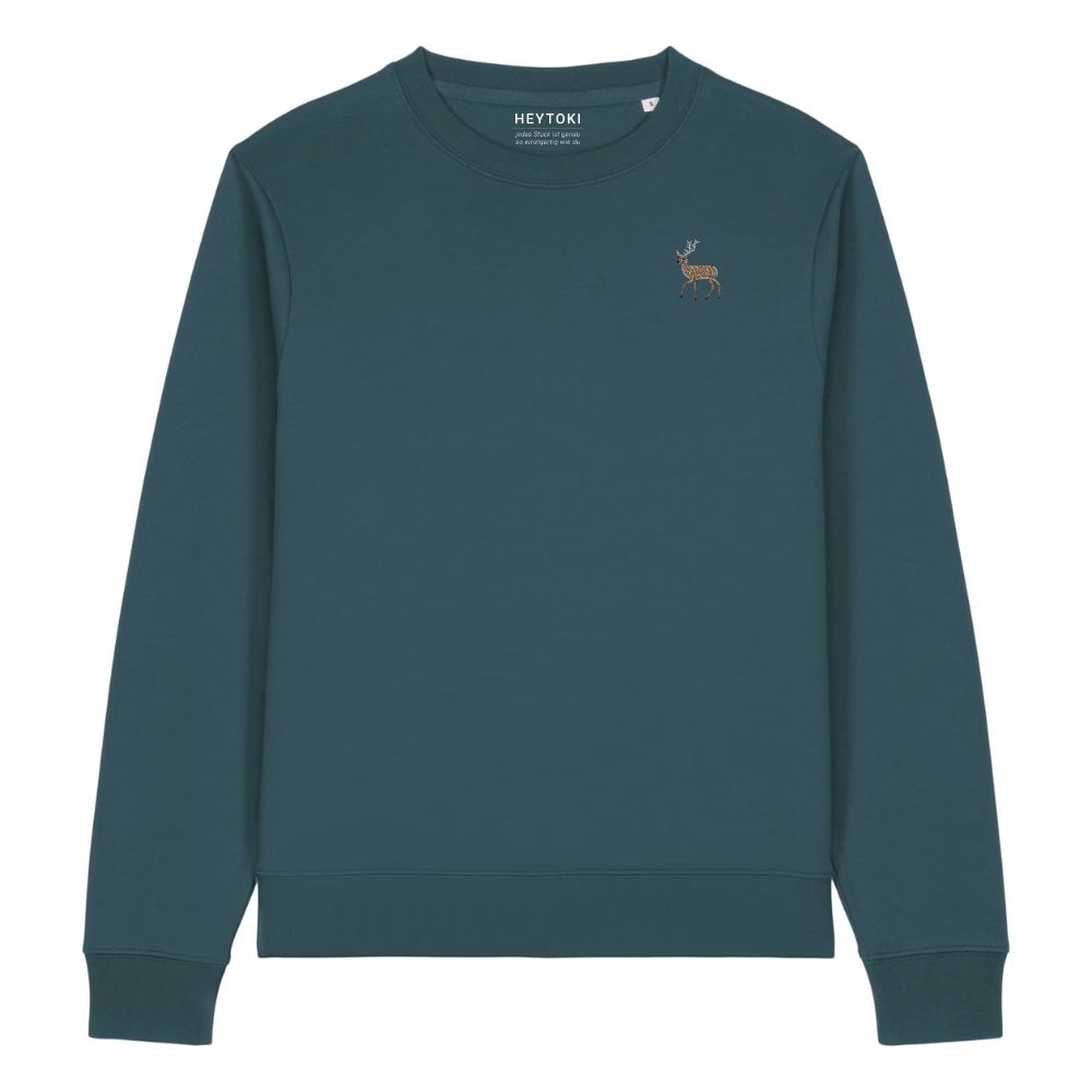 Hirsch Damen Sweater aus Bio-Baumwolle in Stargazer mit gesticktem Eckhard, Vorderansicht