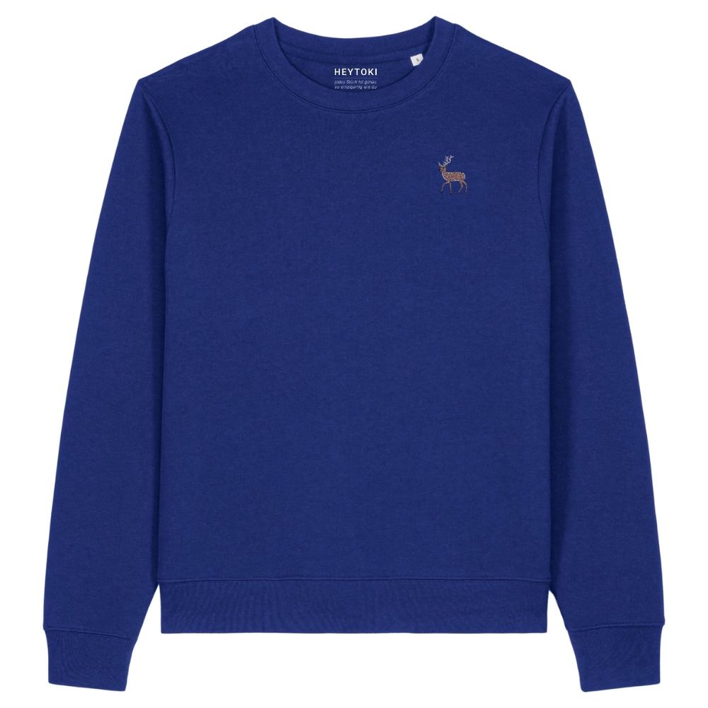 Hirsch Damen Sweater aus Bio-Baumwolle in Worker Blue mit gesticktem Eckhard, Vorderansicht