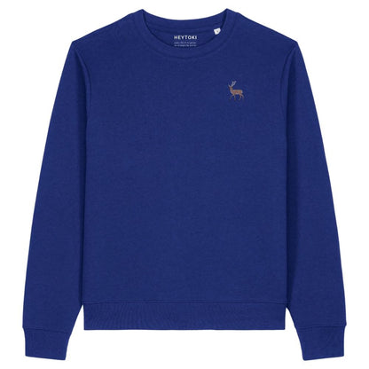 Hirsch Damen Sweater aus Bio-Baumwolle in Worker Blue mit gesticktem Eckhard, Vorderansicht