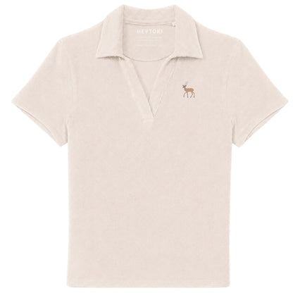 Damen Frottee Poloshirt in Ivory mit gesticktem Hirsch, Vorderansicht