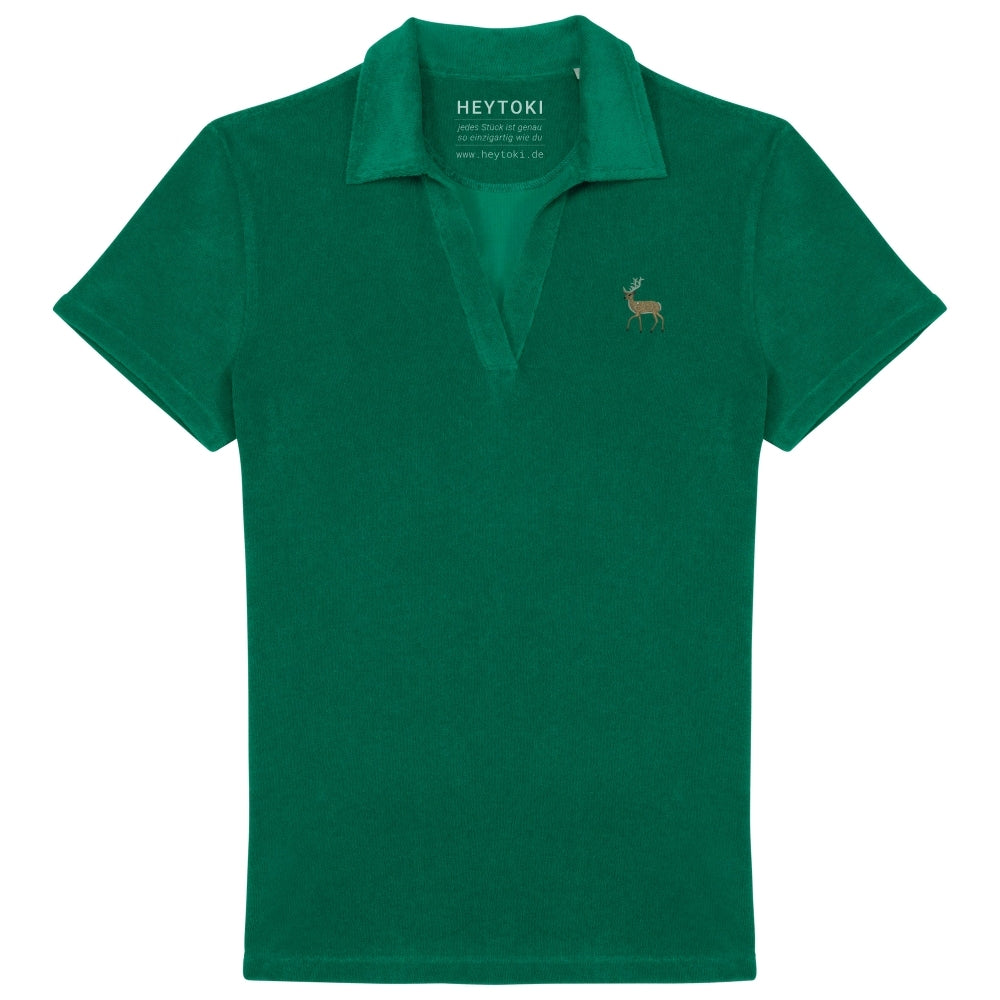 Damen Frottee Poloshirt in Malachite Green mit gesticktem Hirsch, Vorderansicht