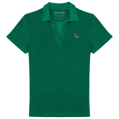 Damen Frottee Poloshirt in Malachite Green mit gesticktem Hirsch, Vorderansicht