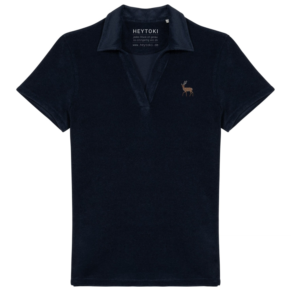 Damen Frottee Poloshirt in Navy Blue mit gesticktem Hirsch, Vorderansicht