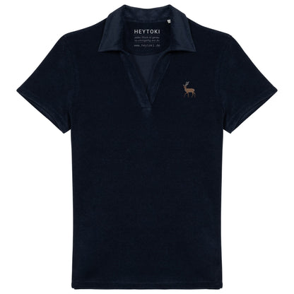 Damen Frottee Poloshirt in Navy Blue mit gesticktem Hirsch, Vorderansicht