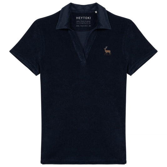 Damen Frottee Poloshirt in Navy Blue mit gesticktem Hirsch, Vorderansicht
