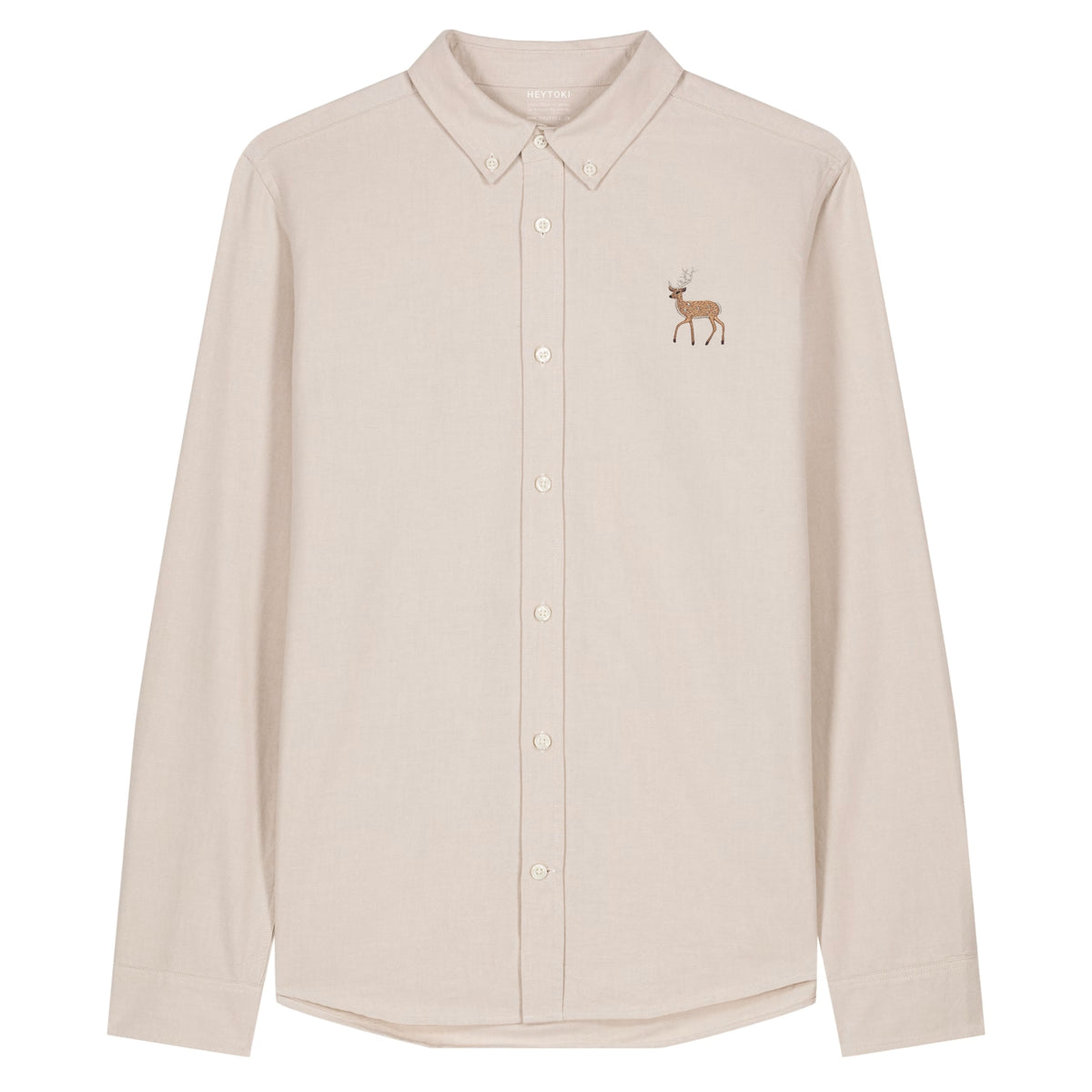 Hirsch Herren Oxfordhemd aus Bio-Baumwolle in Beige mit gesticktem Eckhard, Vorderansicht