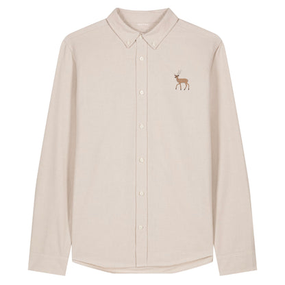 Hirsch Herren Oxfordhemd aus Bio-Baumwolle in Beige mit gesticktem Eckhard, Vorderansicht
