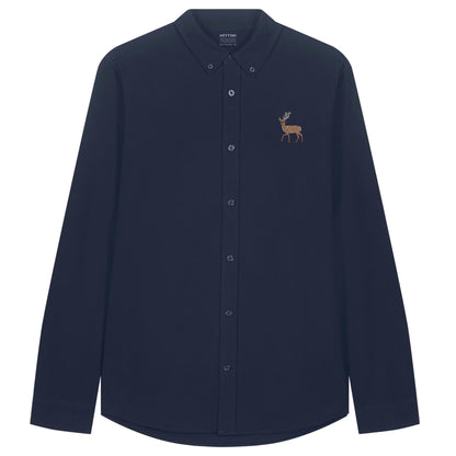 Hirsch Herren Oxfordhemd aus Bio-Baumwolle in French Navy mit gesticktem Eckhard, Vorderansicht