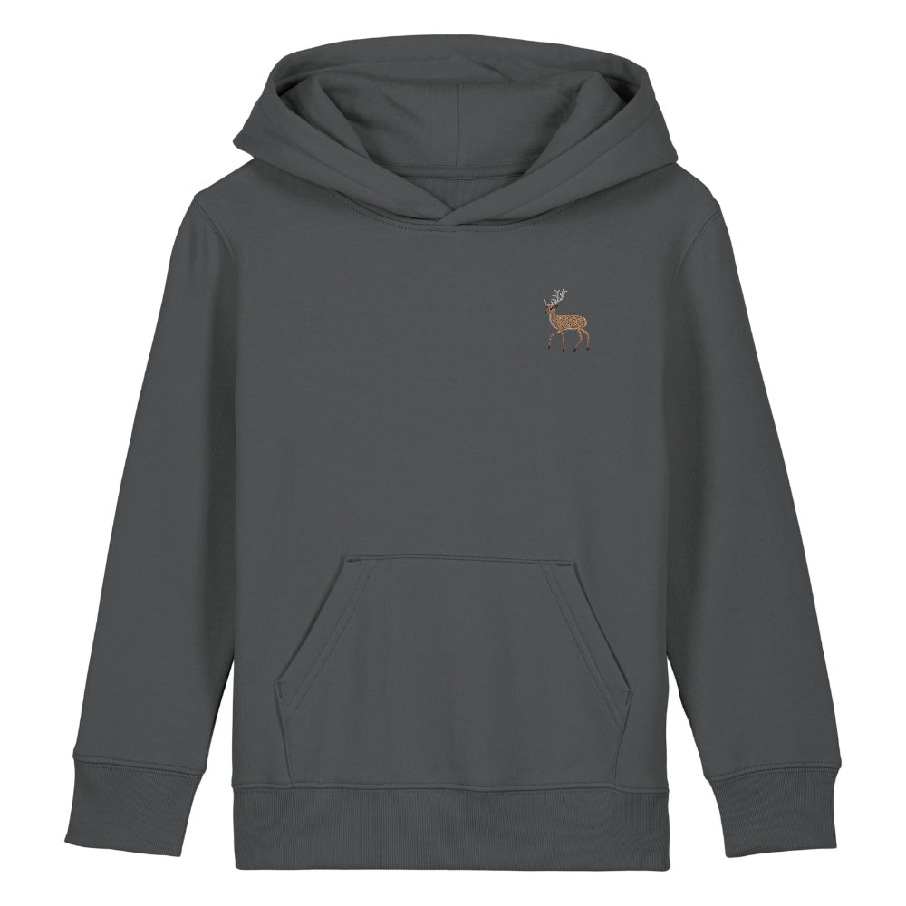 Hirsch Kids Hoodie aus Bio-Baumwolle in Anthracite mit gesticktem Eckhard, Vorderansicht