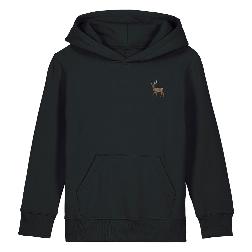 Hirsch Kids Hoodie aus Bio-Baumwolle in Black mit gesticktem Eckhard, Vorderansicht