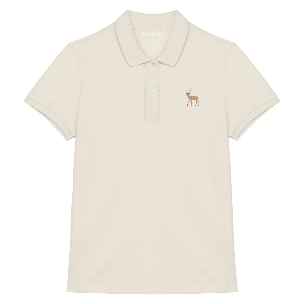 Damen Poloshirt aus Bio Baumwolle in Ivory mit gesticktem Hirsch, Vorderansicht