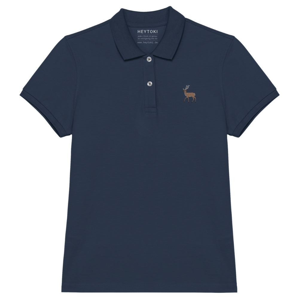 Damen Poloshirt aus Bio Baumwolle in Navy Blue mit gesticktem Hirsch, Vorderansicht