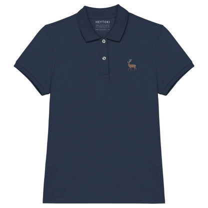 Damen Poloshirt aus Bio Baumwolle in Navy Blue mit gesticktem Hirsch, Vorderansicht