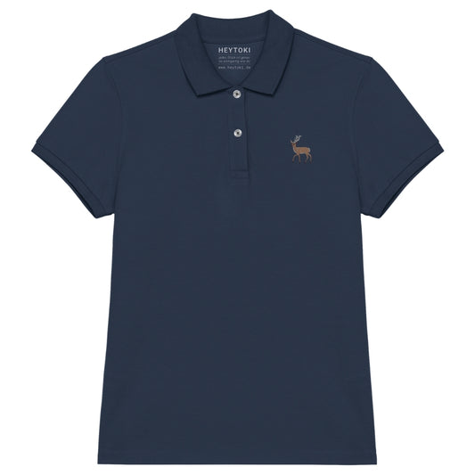 Damen Poloshirt aus Bio Baumwolle in Navy Blue mit gesticktem Hirsch, Vorderansicht