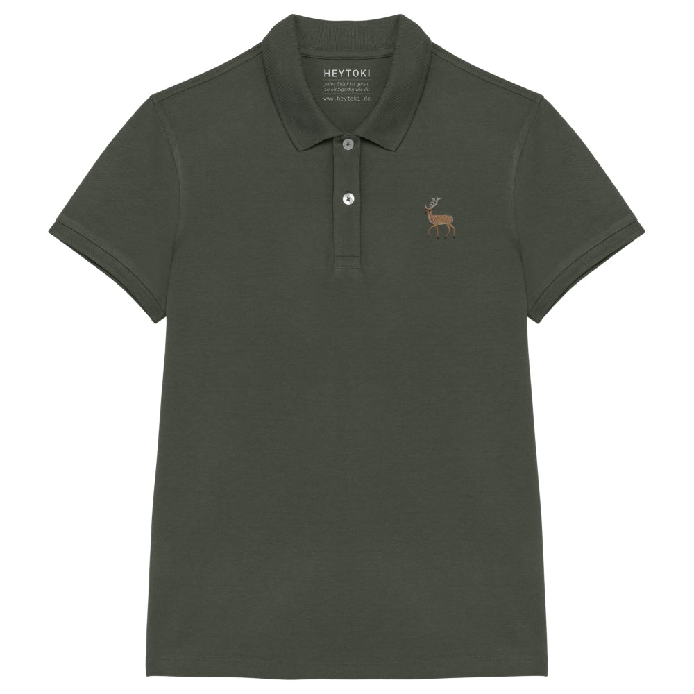 Damen Poloshirt aus Bio Baumwolle in Olive mit gesticktem Hirsch, Vorderansicht