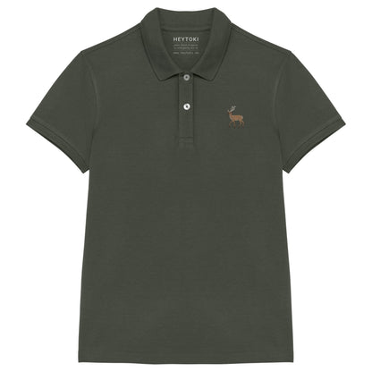 Damen Poloshirt aus Bio Baumwolle in Olive mit gesticktem Hirsch, Vorderansicht
