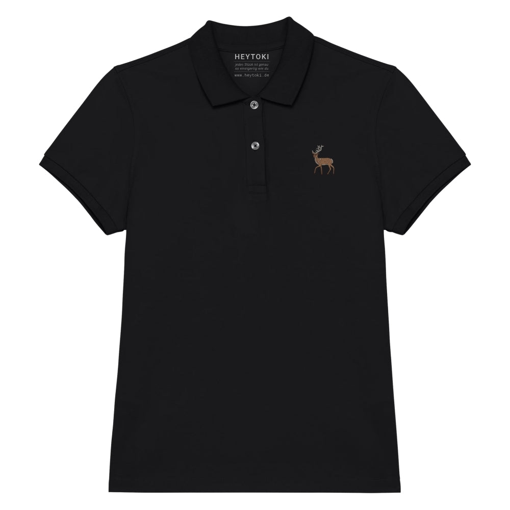 Damen Poloshirt aus Bio Baumwolle in Schwarz mit gesticktem Hirsch, Vorderansicht