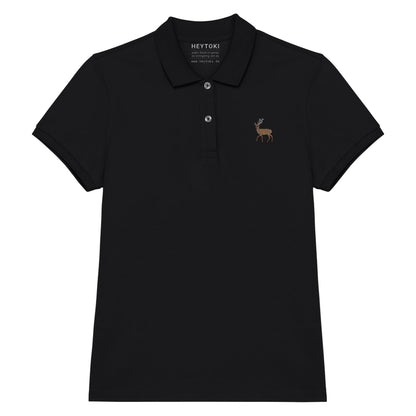 Damen Poloshirt aus Bio Baumwolle in Schwarz mit gesticktem Hirsch, Vorderansicht