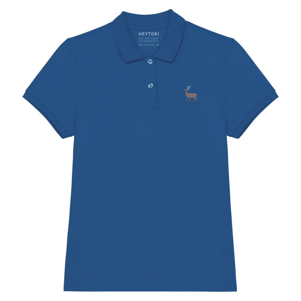 Damen Poloshirt aus Bio Baumwolle in Sea Blue mit gesticktem Hirsch, Vorderansicht