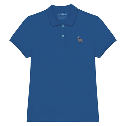 Damen Poloshirt aus Bio Baumwolle in Sea Blue mit gesticktem Hirsch, Vorderansicht
