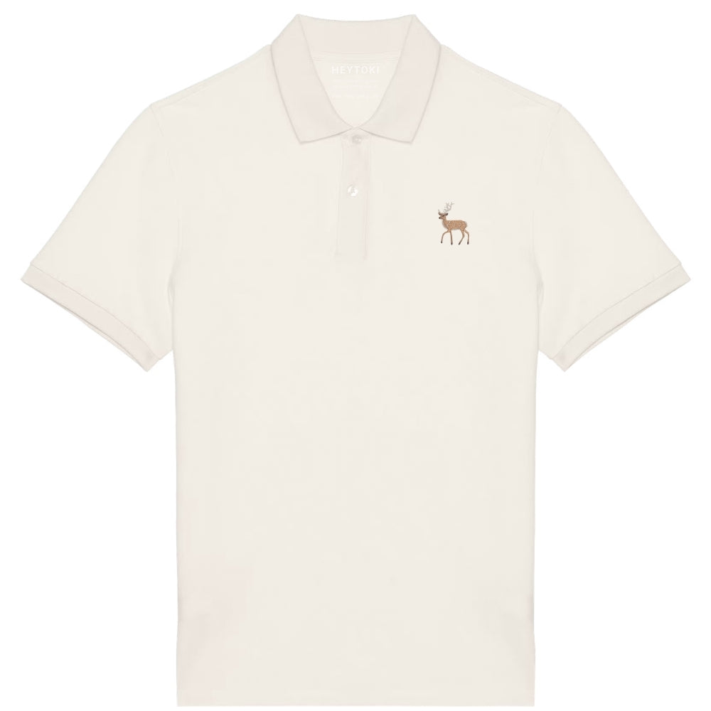 Herren Poloshirt aus Bio Baumwolle in Ivory mit gesticktem Hirsch, Vorderansicht