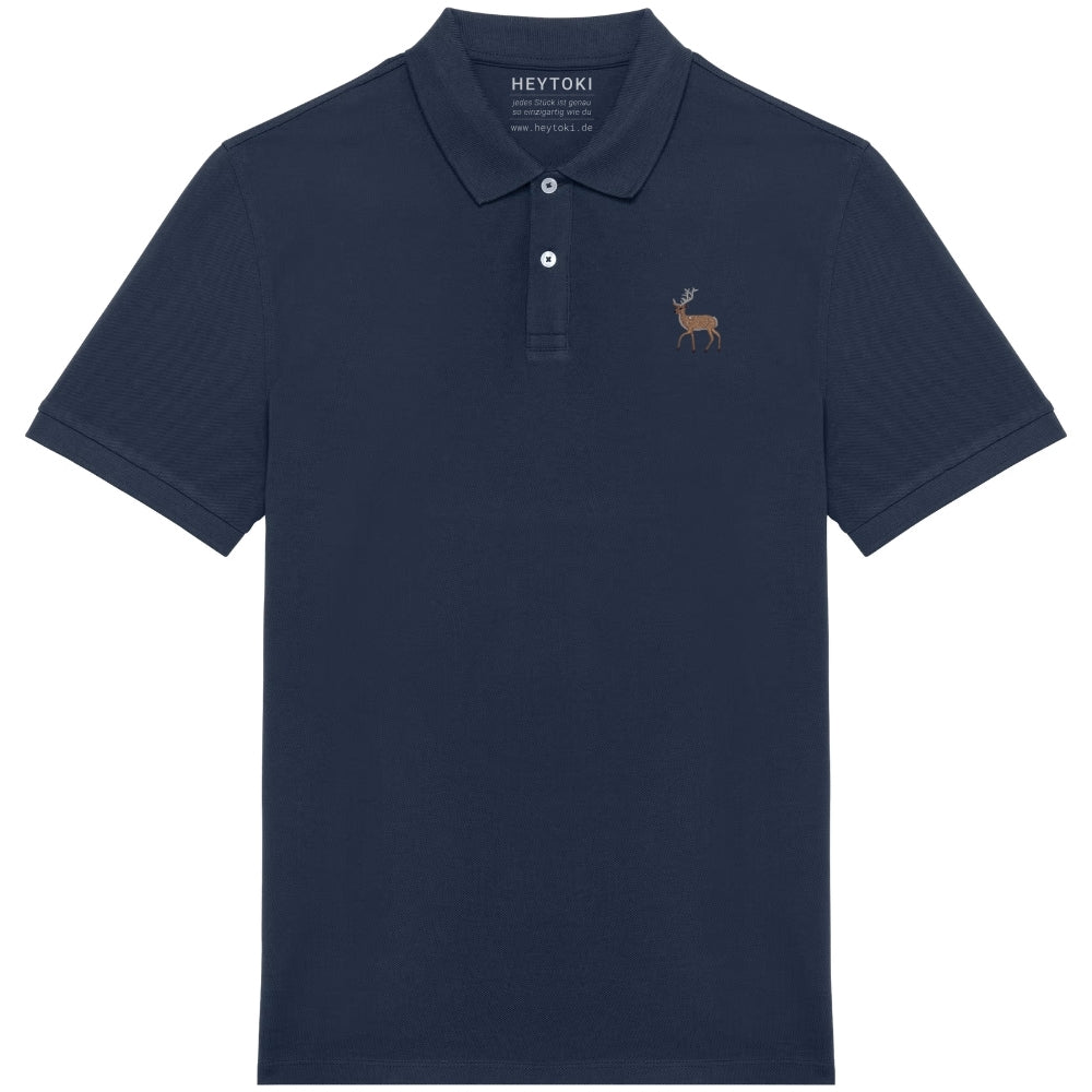 Herren Poloshirt aus Bio Baumwolle in Navy Blue mit gesticktem Hirsch, Vorderansicht