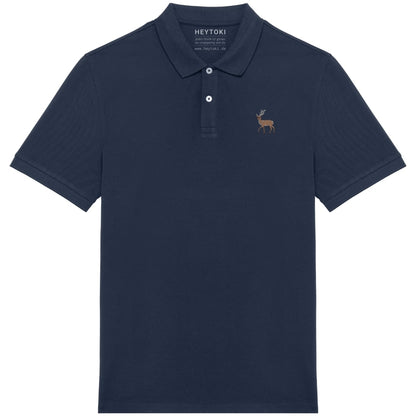 Herren Poloshirt aus Bio Baumwolle in Navy Blue mit gesticktem Hirsch, Vorderansicht