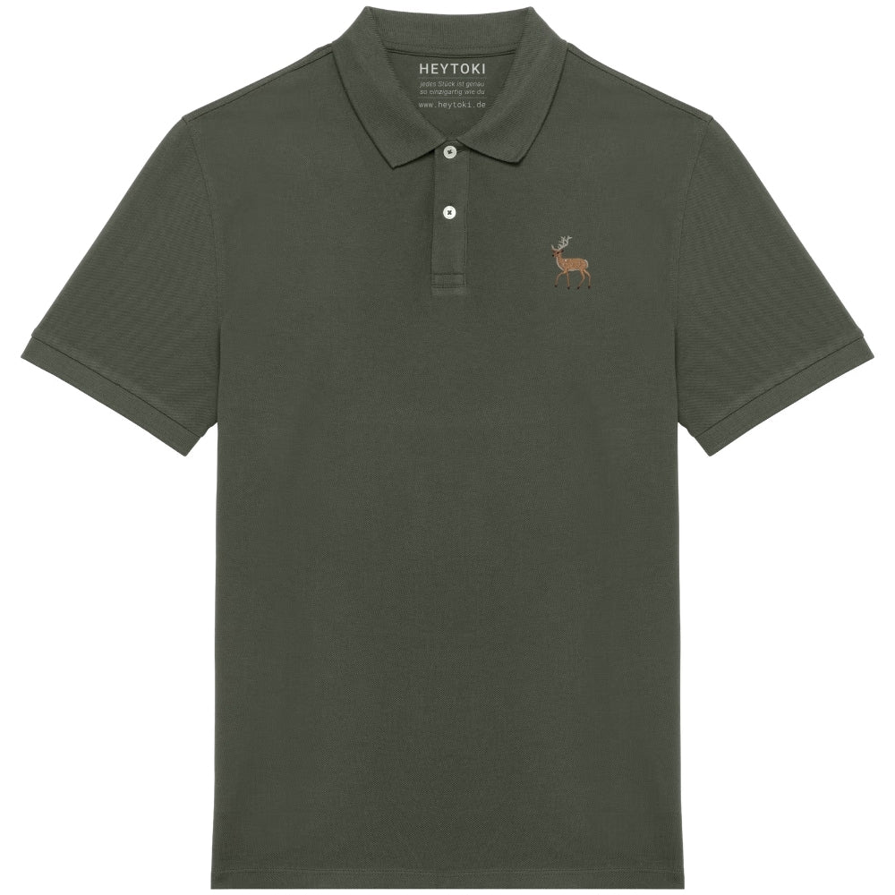 Herren Poloshirt aus Bio Baumwolle in Olive mit gesticktem Hirsch, Vorderansicht