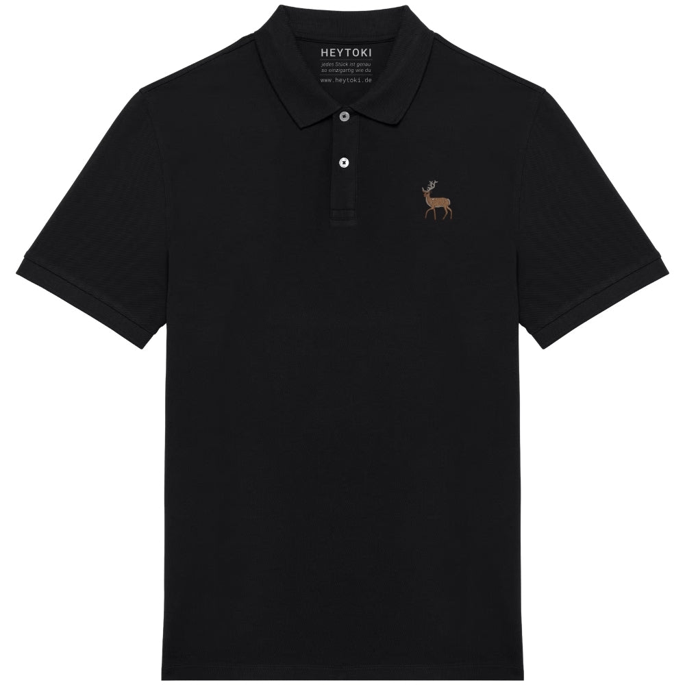 Herren Poloshirt aus Bio Baumwolle in Schwarz mit gesticktem Hirsch, Vorderansicht