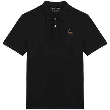 Herren Poloshirt aus Bio Baumwolle in Schwarz mit gesticktem Hirsch, Vorderansicht