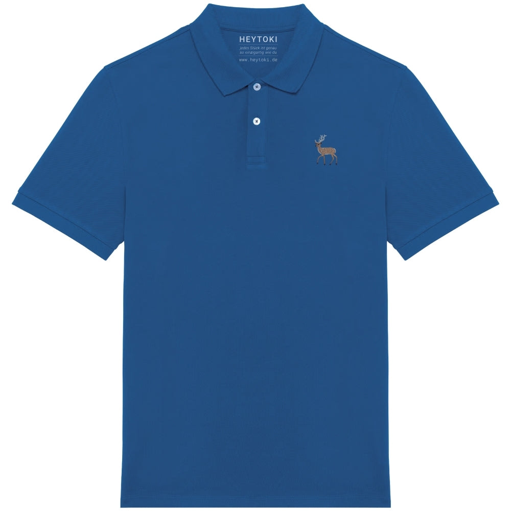 Herren Poloshirt aus Bio Baumwolle in Sea Blue mit gesticktem Hirsch, Vorderansicht