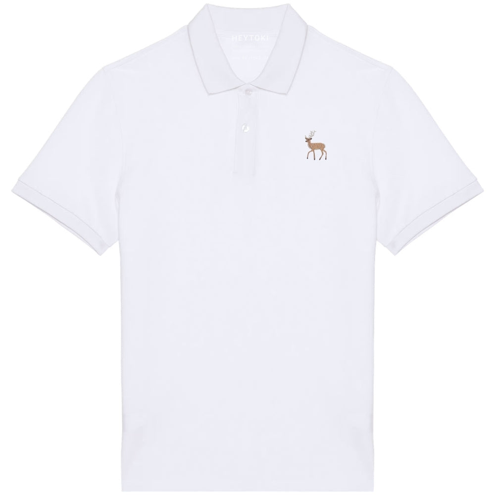 Herren Poloshirt aus Bio Baumwolle in Weiß mit gesticktem Hirsch, Vorderansicht