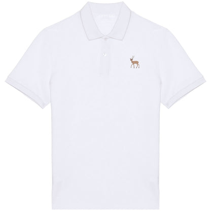 Herren Poloshirt aus Bio Baumwolle in Weiß mit gesticktem Hirsch, Vorderansicht