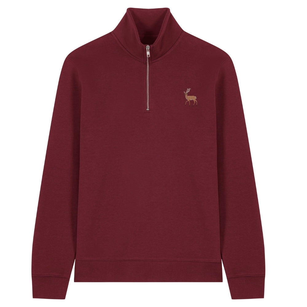 Hirsch Quarter Zip Hoodie aus Bio-Baumwolle in Burgundy mit gesticktem Eckhard, Vorderansicht