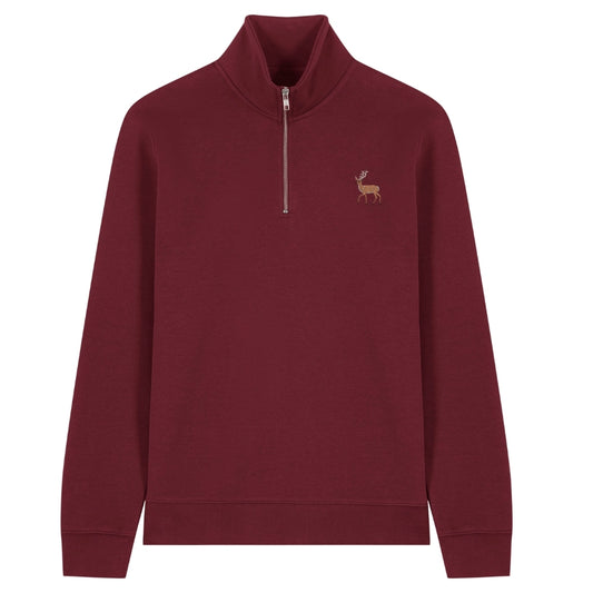 Hirsch Quarter Zip Hoodie aus Bio-Baumwolle in Burgundy mit gesticktem Eckhard, Vorderansicht