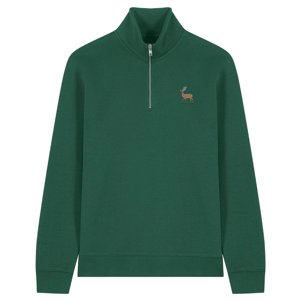 Hirsch Quarter Zip Hoodie aus Bio-Baumwolle in Malachite Green mit gesticktem Eckhard, Vorderansicht