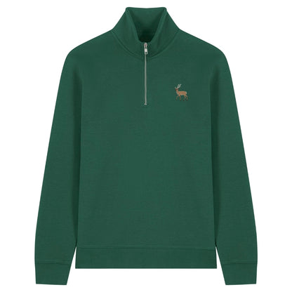 Hirsch Quarter Zip Hoodie aus Bio-Baumwolle in Malachite Green mit gesticktem Eckhard, Vorderansicht
