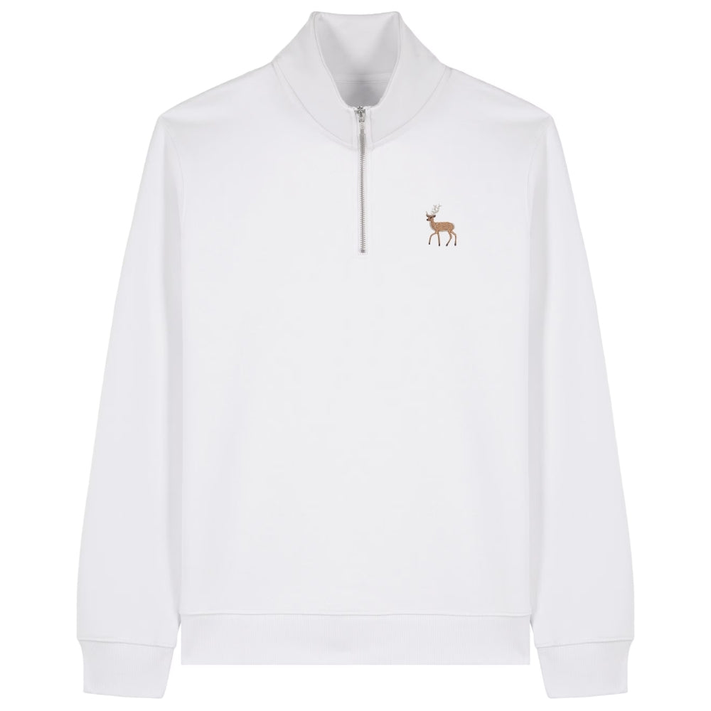 Hirsch Quarter Zip Hoodie aus Bio-Baumwolle in White mit gesticktem Eckhard, Vorderansicht