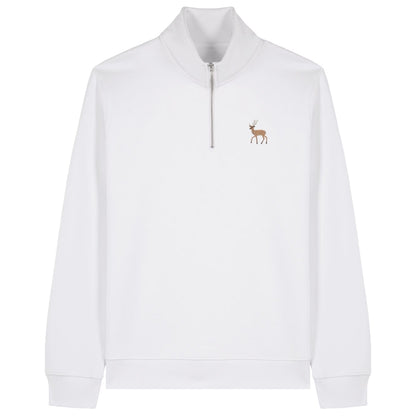 Hirsch Quarter Zip Hoodie aus Bio-Baumwolle in White mit gesticktem Eckhard, Vorderansicht
