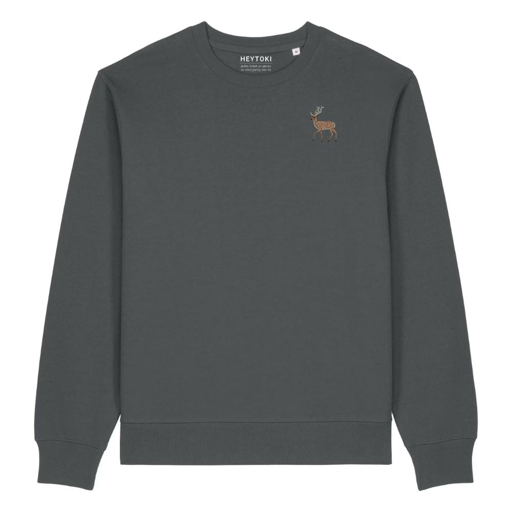 Hirsch Unisex-Sweater in Anthrazit aus Bio-Baumwolle mit Eckhard-Stickerei