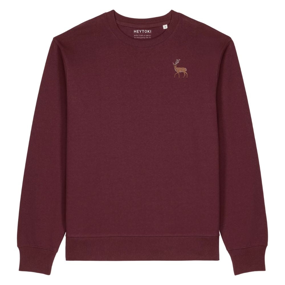 Hirsch Unisex-Sweater in Burgundy aus Bio-Baumwolle mit Eckhard-Stickerei
