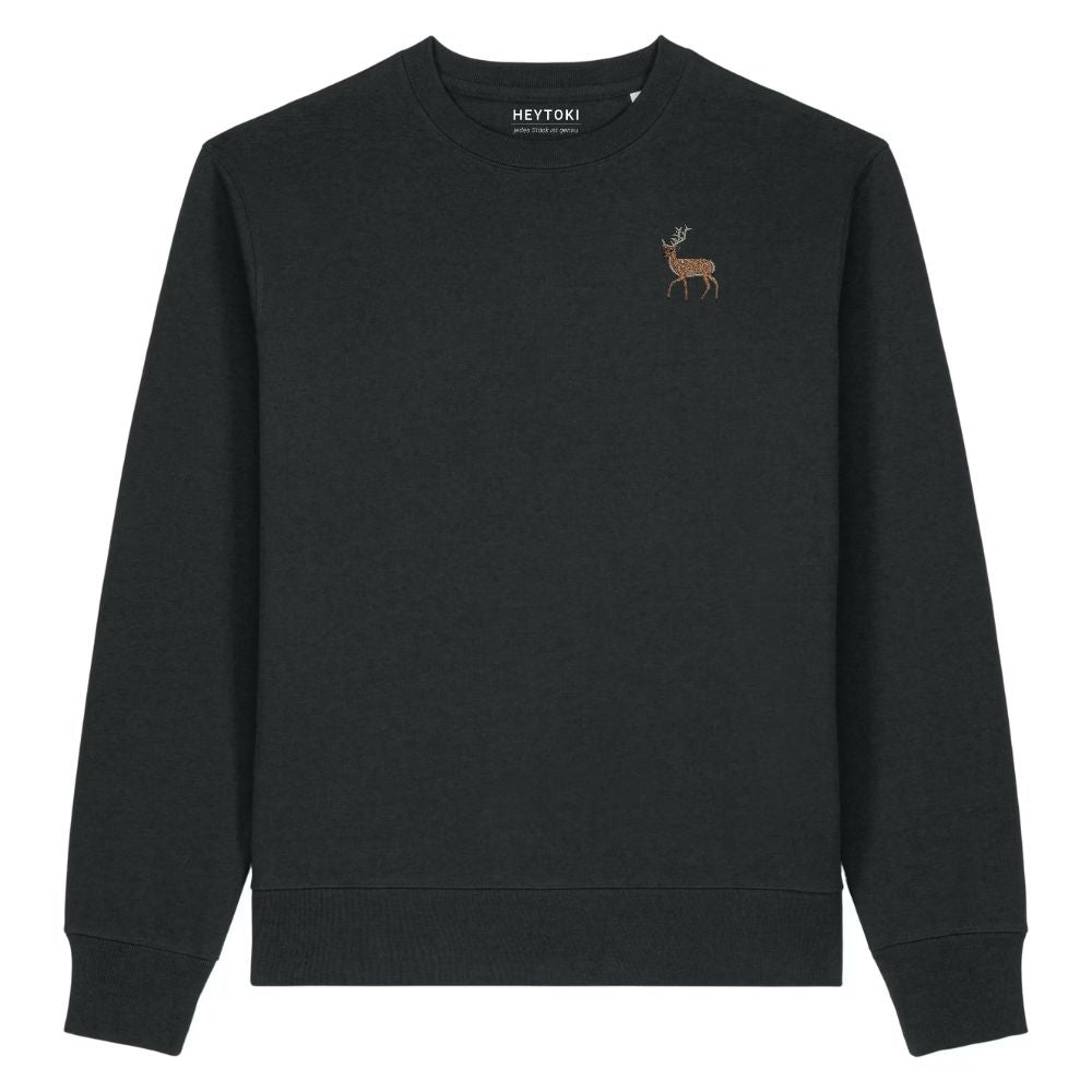 Hirsch Unisex-Sweater in Schwarz aus Bio-Baumwolle mit Eckhard-Stickerei
