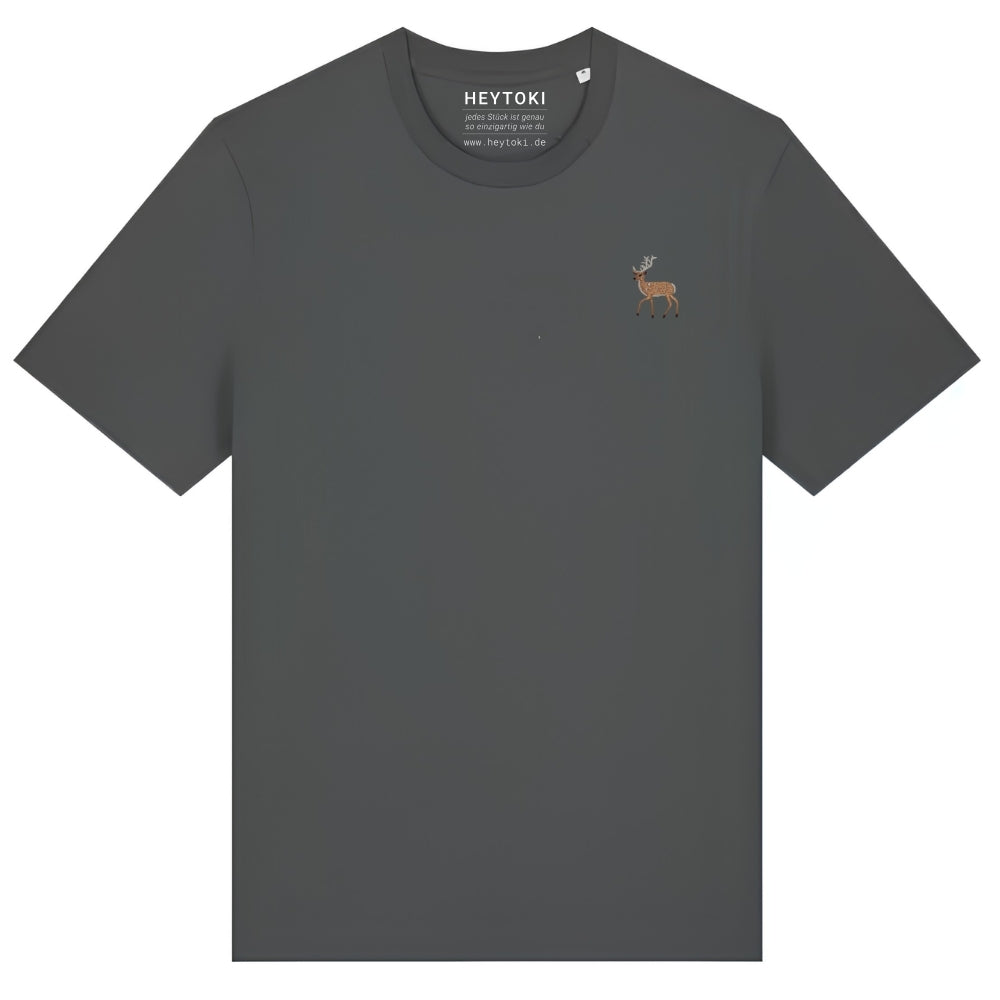 Hirsch T-Shirt aus Bio-Baumwolle in Anthracite mit gesticktem Eckhard, Vorderansicht